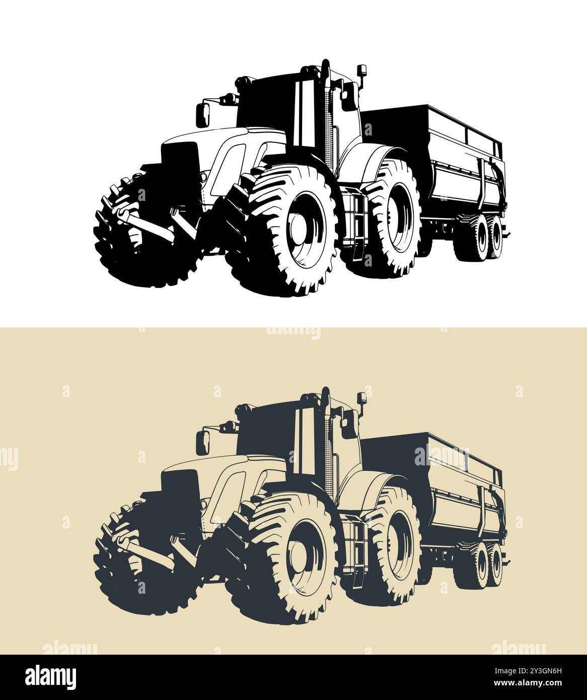 Stilisierte Vektorabbildungen eines Traktors mit Anhänger Stock Vektor