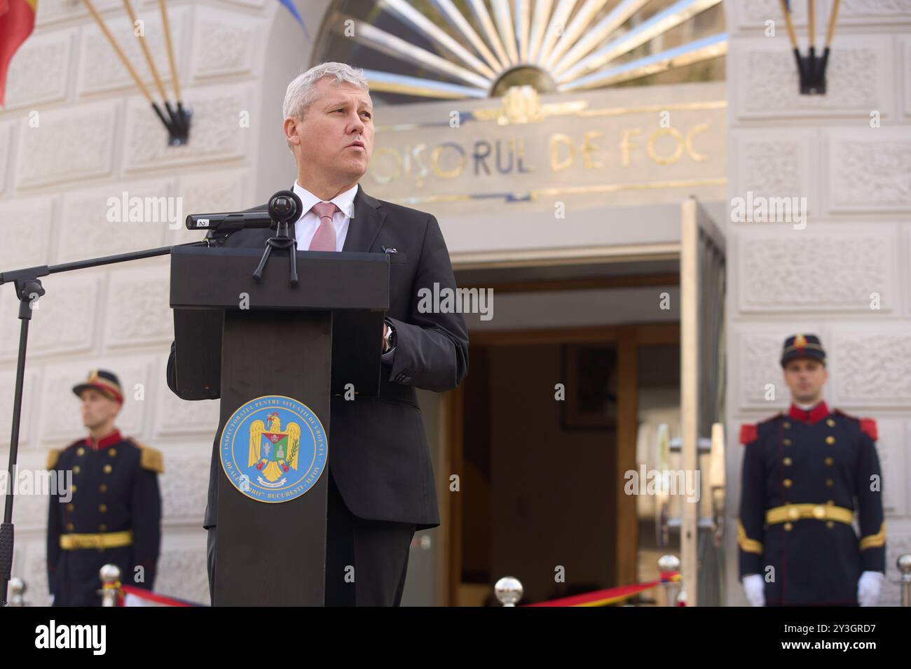 Bukarest, Rumänien. 13. September 2024: Catalin Predoiu, Innenminister, spricht anlässlich des Feuerwehrfestes in Rumänien während der Einweihung des Nationalmuseums für Feuerwehrleute im ehemaligen Aussichtsturm der Feuerwehrleute (Foisorul de Foc) nach Abschluss des Konsolidierungs- und Modernisierungsprozesses. Quelle: Lucian Alecu/Alamy Live News Stockfoto