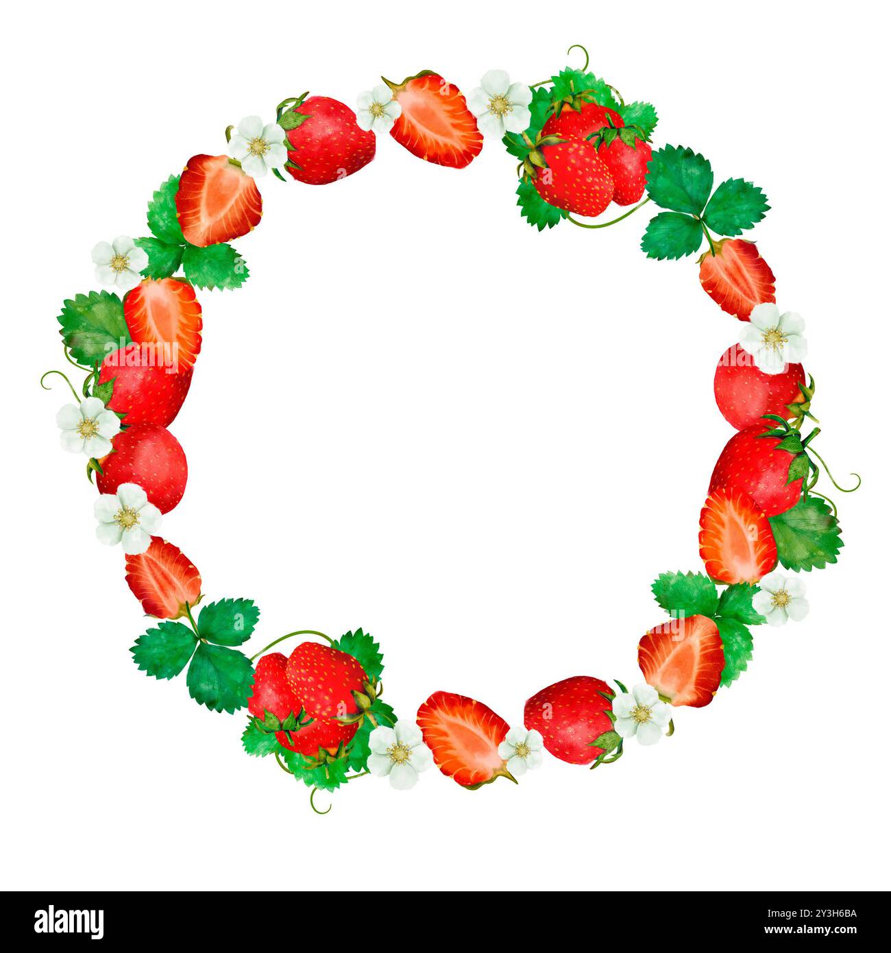 Ein dekorativer Kranz aus leuchtenden Erdbeeren, üppigen Blättern und bunten Blumen, perfekt für Sommermotive. Isoliertes Objekt auf weißem Hintergrund für die Gestaltung einer Broschüre, eines Flyers, eines E-Pakets, eines Etiketts oder einer Werbung. Digitale Kunst im Aquarellstil. Stockfoto
