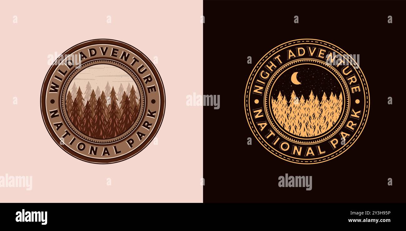 Outdoor Adventure Logo Vektor Illustration Design. Exklusives Vintage Pine, Pin Stock Vektor
