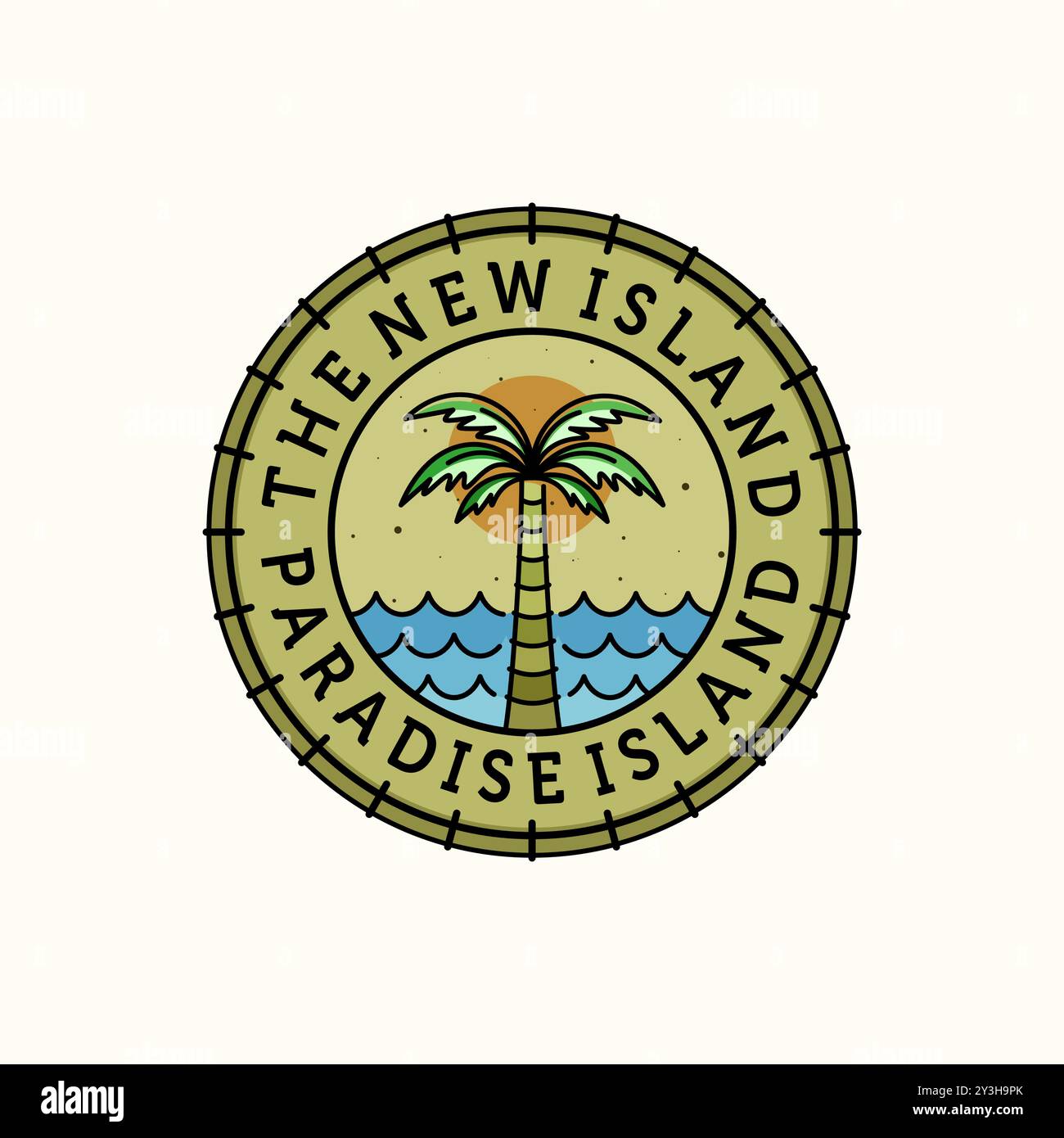 Palme oder Kokosnuss Logo Vektor Illustration Design. Design für Palm- oder Coconut-Logo. Sunset In The Island Logo-Konzept. Stock Vektor