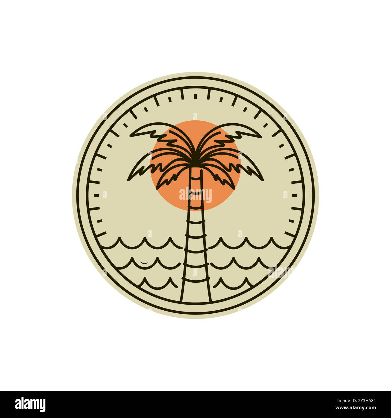 Palme oder Kokosnuss Logo Vektor Illustration Design. Design für Palm- oder Coconut-Logo. Sunset In The Island Logo-Konzept. Stock Vektor