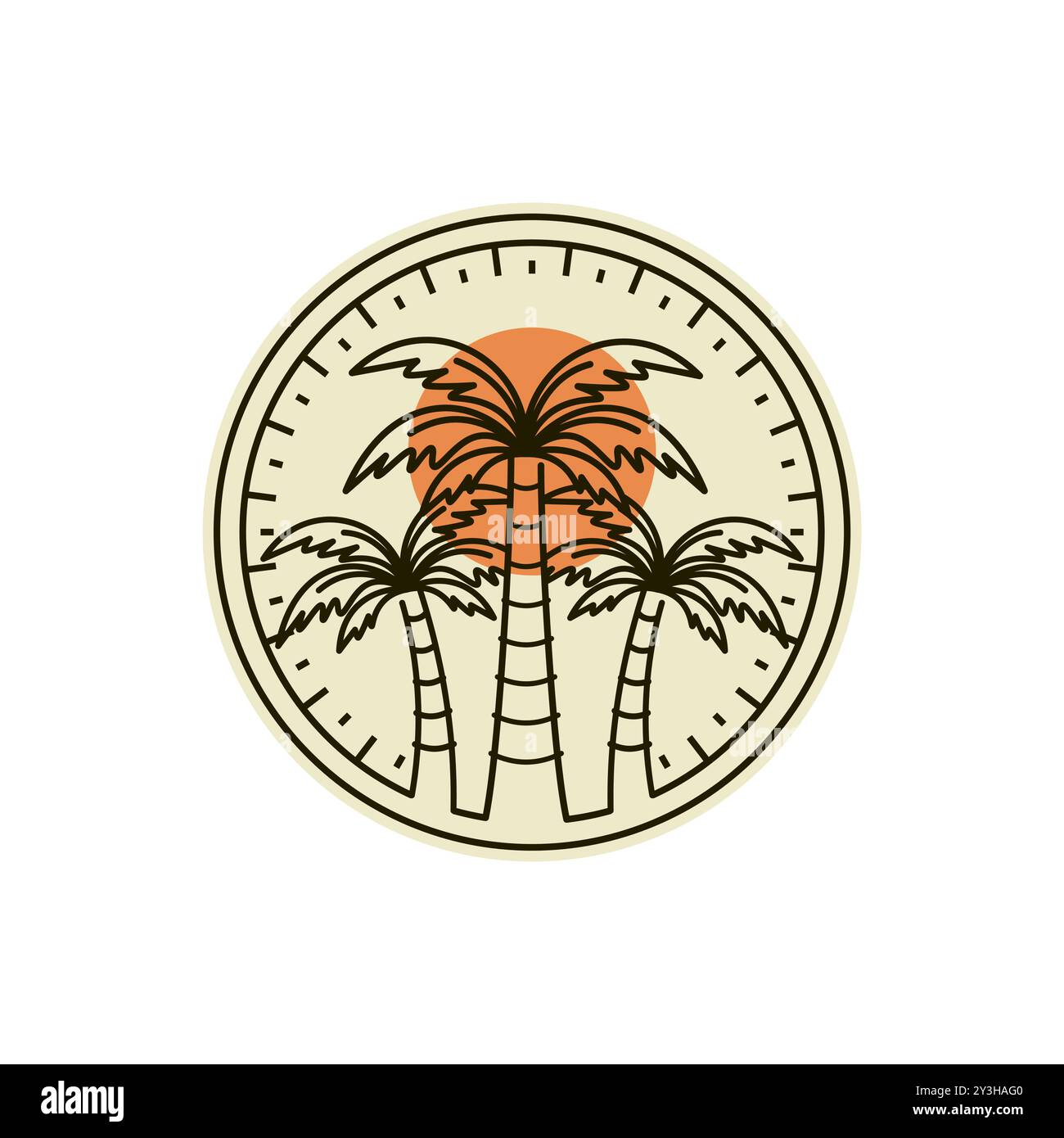 Palme oder Kokosnuss Logo Vektor Illustration Design. Design für Palm- oder Coconut-Logo. Sunset In The Island Logo-Konzept. Stock Vektor