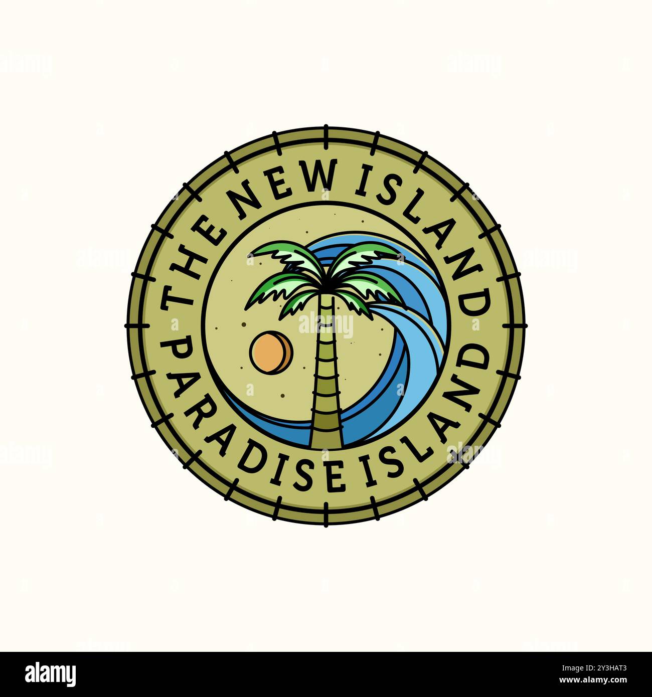 Palme oder Kokosnuss Logo Vektor Illustration Design. Design für Palm- oder Coconut-Logo. Sunset In The Island Logo-Konzept. Stock Vektor