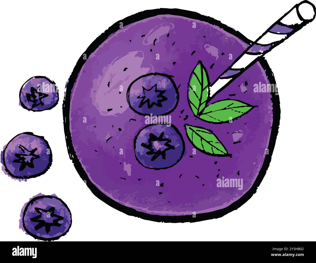 Handgezeichneter und farbiger HeidelbeerSmoothy, Illustration von HeidelbeerSmoothy in einer Glasansicht von oben Stock Vektor