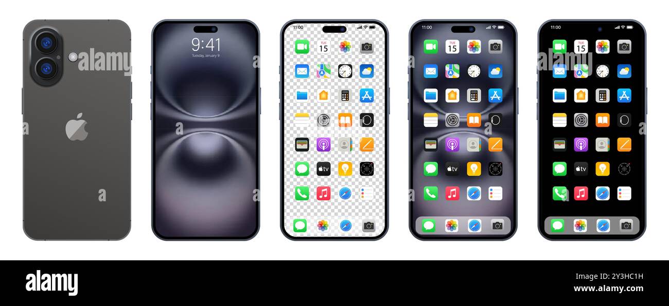 Das neue iPhone 16 SE in Schwarz und Grau. Apple inc. Smartphone mit ios 15. Gesperrter Bildschirm, Telefon-Navigationsseite, Startseite mit 47 beliebten Apps. Editorial Stock Vektor