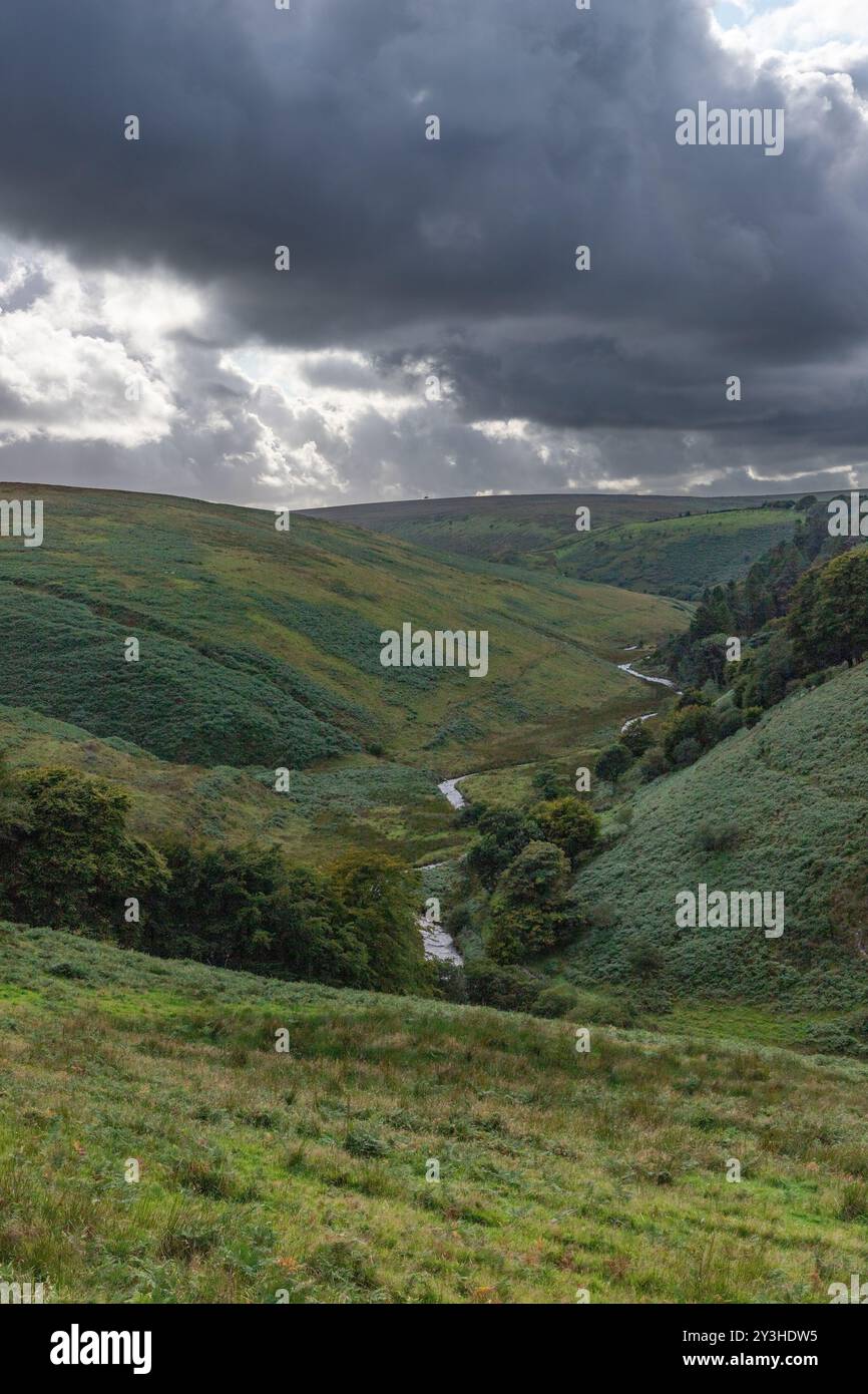 Frösternder Himmel über dem Moorland von Exmoor und dem Fluss Barle Stockfoto