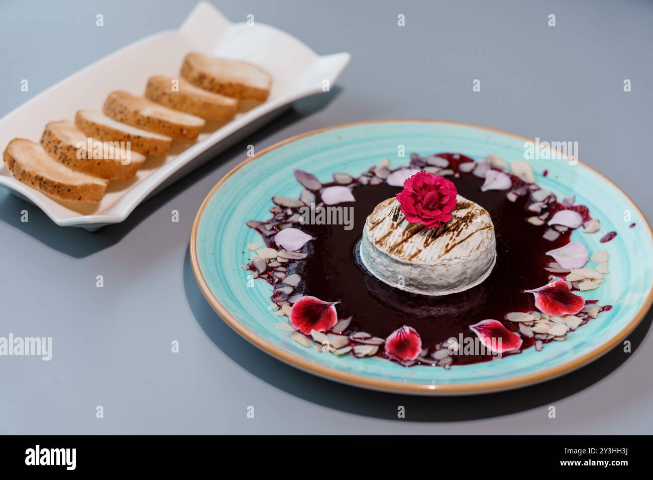 Exquisite kulinarische Präsentation von Käse mit Beerensauce und eleganter Beilage auf künstlerischem Teller. Stockfoto