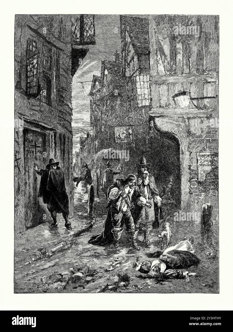 Ein alter Gravur einer Straßenszene während der Großen Pest von London, England, Großbritannien um 1655. Es stammt aus einem viktorianischen Geschichtsbuch aus dem jahr 1900. Eine Frau liegt tot oder stirbt auf der Straße. Die Bubonic-Pest dauerte von 1665 bis 1666 an und tötete innerhalb von 18 Monaten etwa 100.000 Menschen – fast ein Viertel der Londoner Bevölkerung. Sie wurde durch den Biss eines Rattenflohs oder von Körperläusen verursacht. Es gab keine sanitären Einrichtungen und offene Abflüsse flossen entlang der Mitte der Straßen. Der Gestank war überwältigend, und die Leute gingen mit Taschentüchern (Nasenschwulen) herum, die ihnen gegen das Gesicht gepresst wurden. Stockfoto