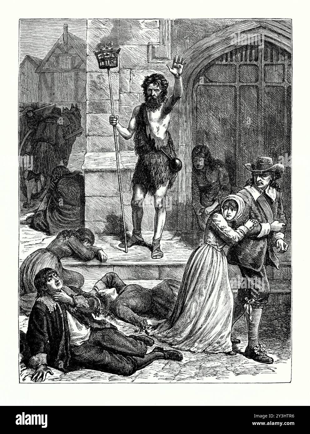 Ein alter Gravur einer Straßenszene während der Großen Pest von London, England, Großbritannien um 1655. Es stammt aus einem viktorianischen Geschichtsbuch aus dem jahr 1900. Es zeigt einen „Verderbnishändler“, der niemanden besonders anspricht, wenn Menschen auf der Straße sterben. Er war ein Wahrsager oder Fatalist, der sich auf das negative konzentrierte. Die Bubonic-Pest dauerte von 1665 bis 1666 an und tötete innerhalb von 18 Monaten etwa 100.000 Menschen – fast ein Viertel der Londoner Bevölkerung. Sie wurde durch den Biss eines Rattenflohs oder von Körperläusen verursacht. Es gab keine sanitären Einrichtungen und offene Abflüsse flossen entlang der Mitte der Straßen. Stockfoto