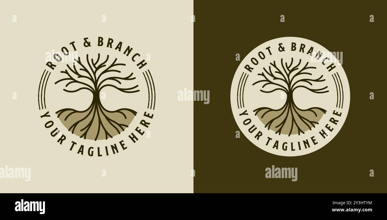 Baumlogo-Logo-Design. Kreatives Baumlogo mit Ast und Wurzel auf Bodenelement Stock Vektor