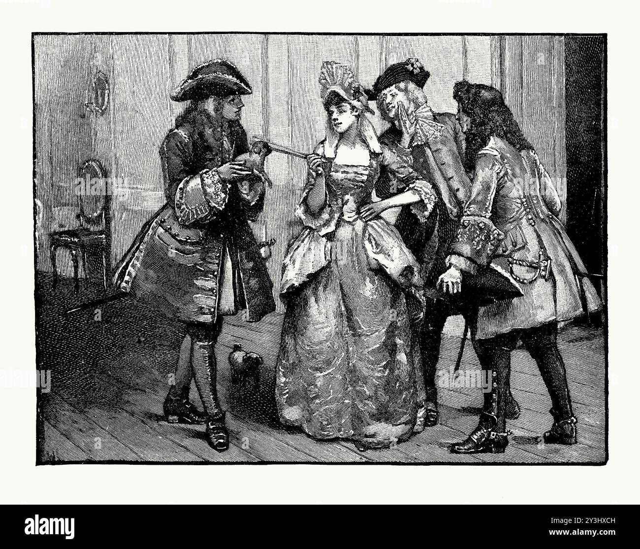 Ein alter Stich von Abigail Masham (Baroness Masham) und einigen Bewunderern aus England, Großbritannien in den frühen 1700er Jahren Es stammt aus einem viktorianischen Geschichtsbuch aus dem jahr 1900. Abigail Masham (* 1670–1734 in Hill) war ein englischer Höfling. Sie war eine Liebhaberin von Königin Anne und eine Cousine von Sarah, Herzogin von Marlborough. Abigail Hill war die Tochter von Francis Hill, einem Kaufmann aus London, und Elizabeth Hill (geborene Jennings). Abigail heiratete Samuel Masham, einen Gentleman aus dem Haushalt der Königin, und die Königin war bei der Hochzeit anwesend. Stockfoto