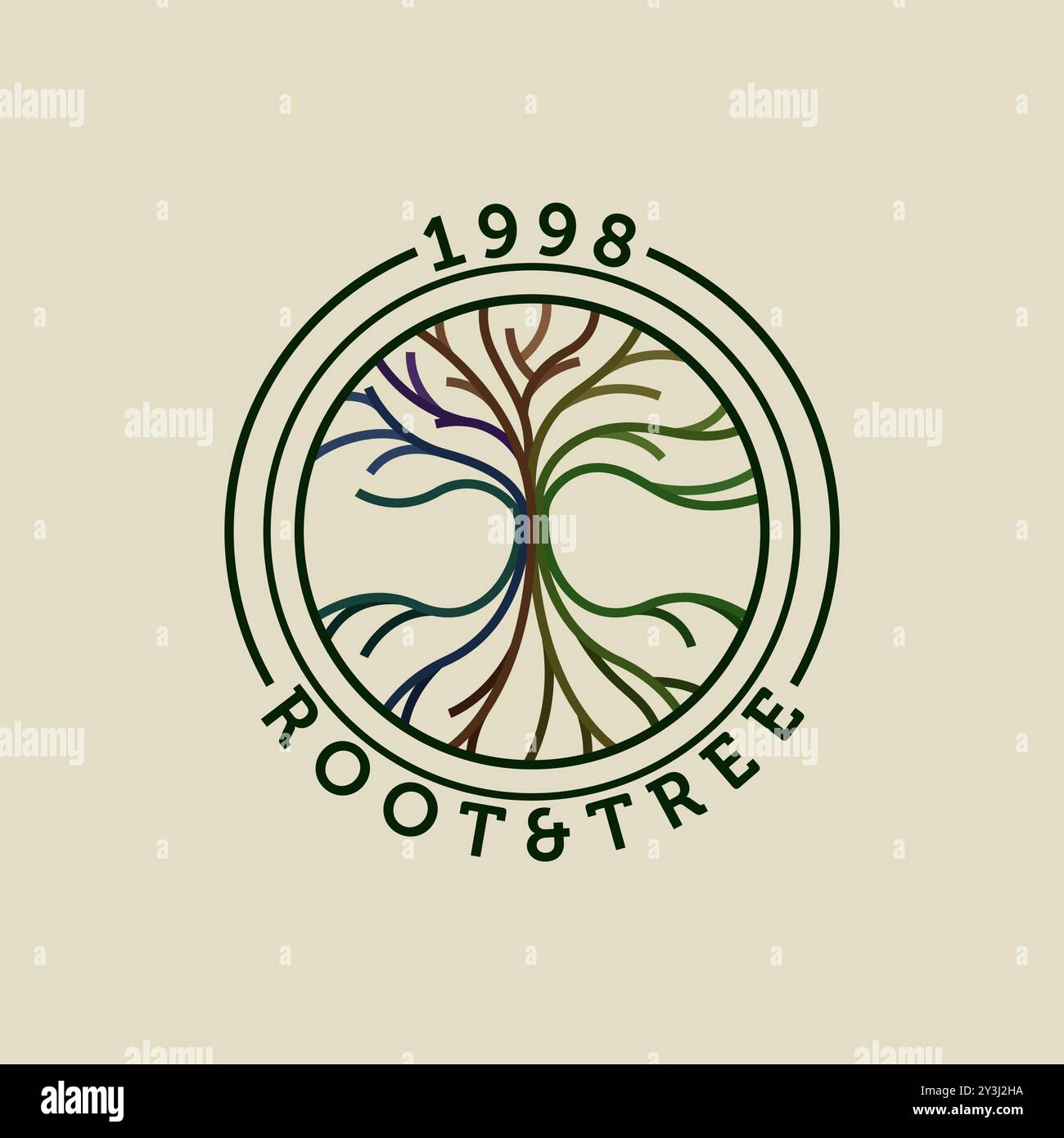 Abstraktes Baumlogo in leuchtenden Farben. Kreatives Logo-Design mit Wurzel- und Baumelement Stock Vektor