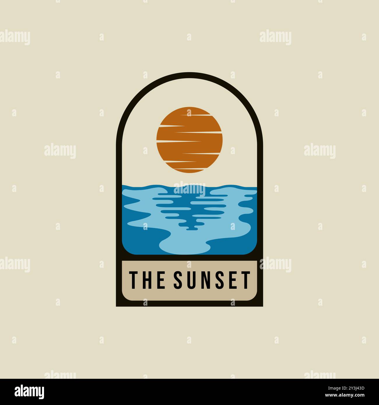 Sunset Logo Vektor Illustration Design. Vintage-Logo mit Sonnenaufgang. „Sunset on the Beach“-Konzept mit kreativem Logo Stock Vektor