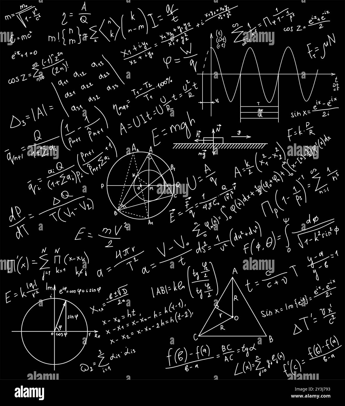 Mathematik-Symbol auf der Schultafel. Wissenschafts-Kreidemuster-Bildungskonzept Stockfoto