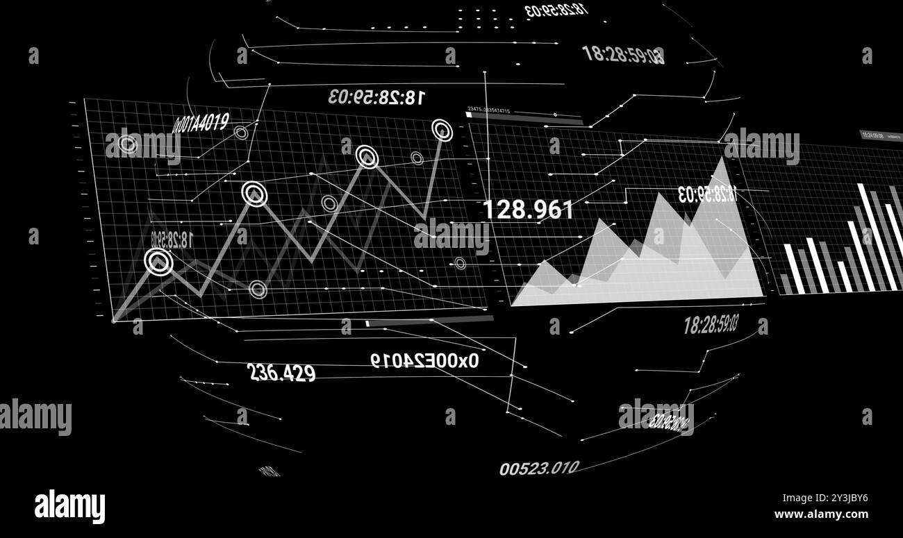 Bild der Verarbeitung von Finanzdaten und des Globus auf schwarzem Hintergrund Stockfoto