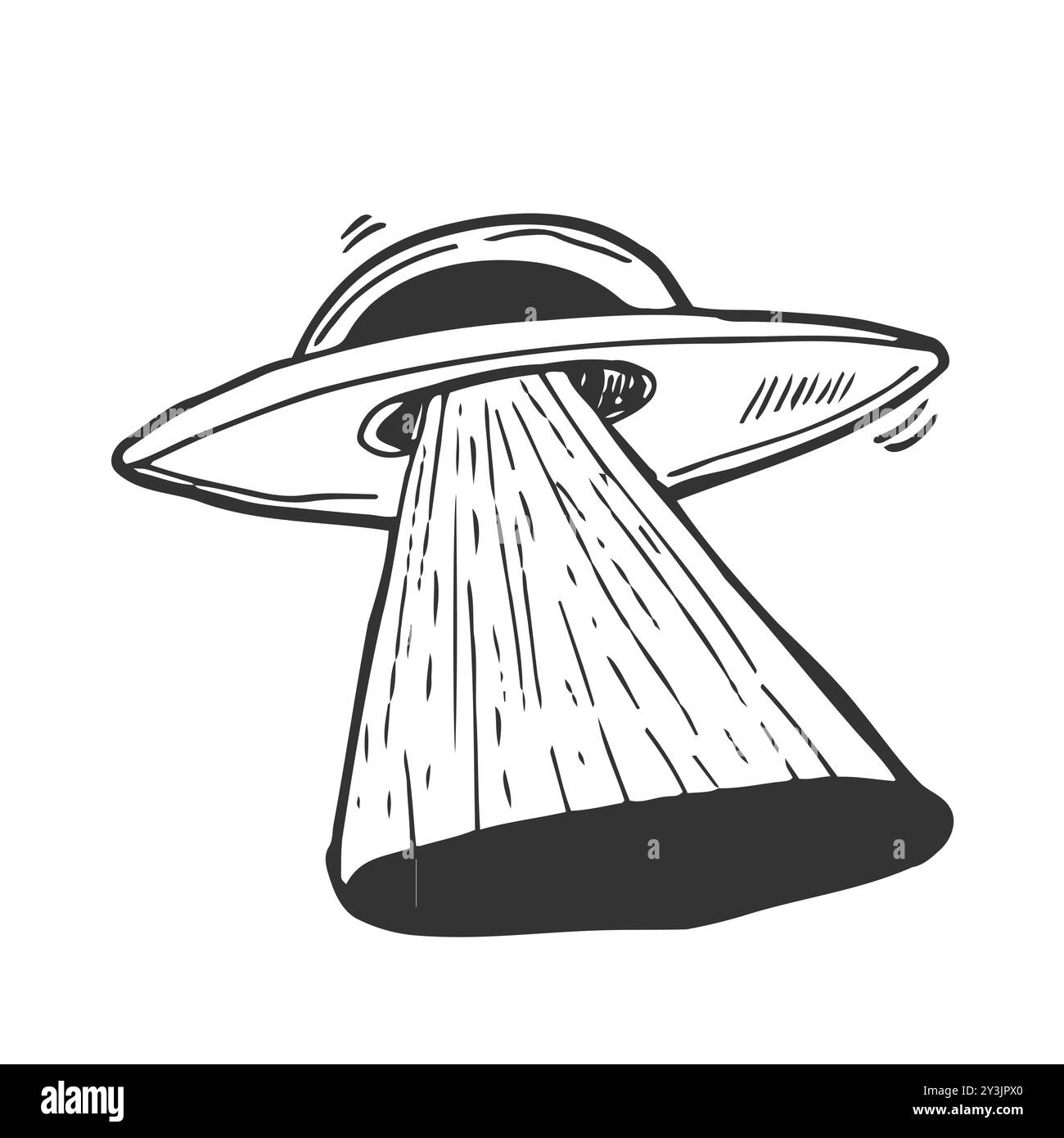 Vektorabbildung. Silhouette eines Spielzeug-UFO-Raumschiffs. Ein außerirdisches Raumschiff. Futuristisches unbekanntes fliegendes Objekt. Isoliertes Muster auf weißem Hintergrund Stock Vektor