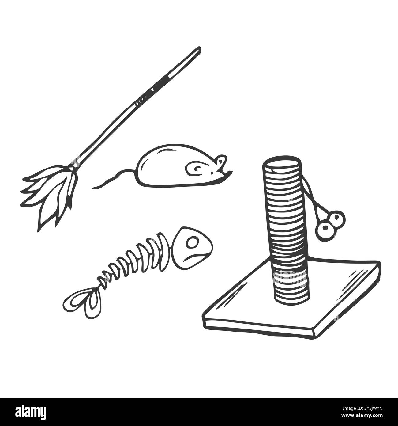 Niedliche Katzen Kritzelvektor-Set. Katzensitzensammlung in verschiedenen Posen mit Katzenspielzeug. Set von Heimtieren isoliert auf weißem Hintergrund. Niedlicher Katzenvektor Stock Vektor