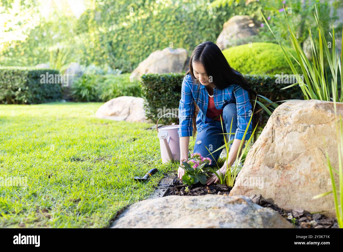 Genießen Sie Gartenarbeit im Freien, junge asiatische Frau pflanzt Blumen im Garten Stockfoto