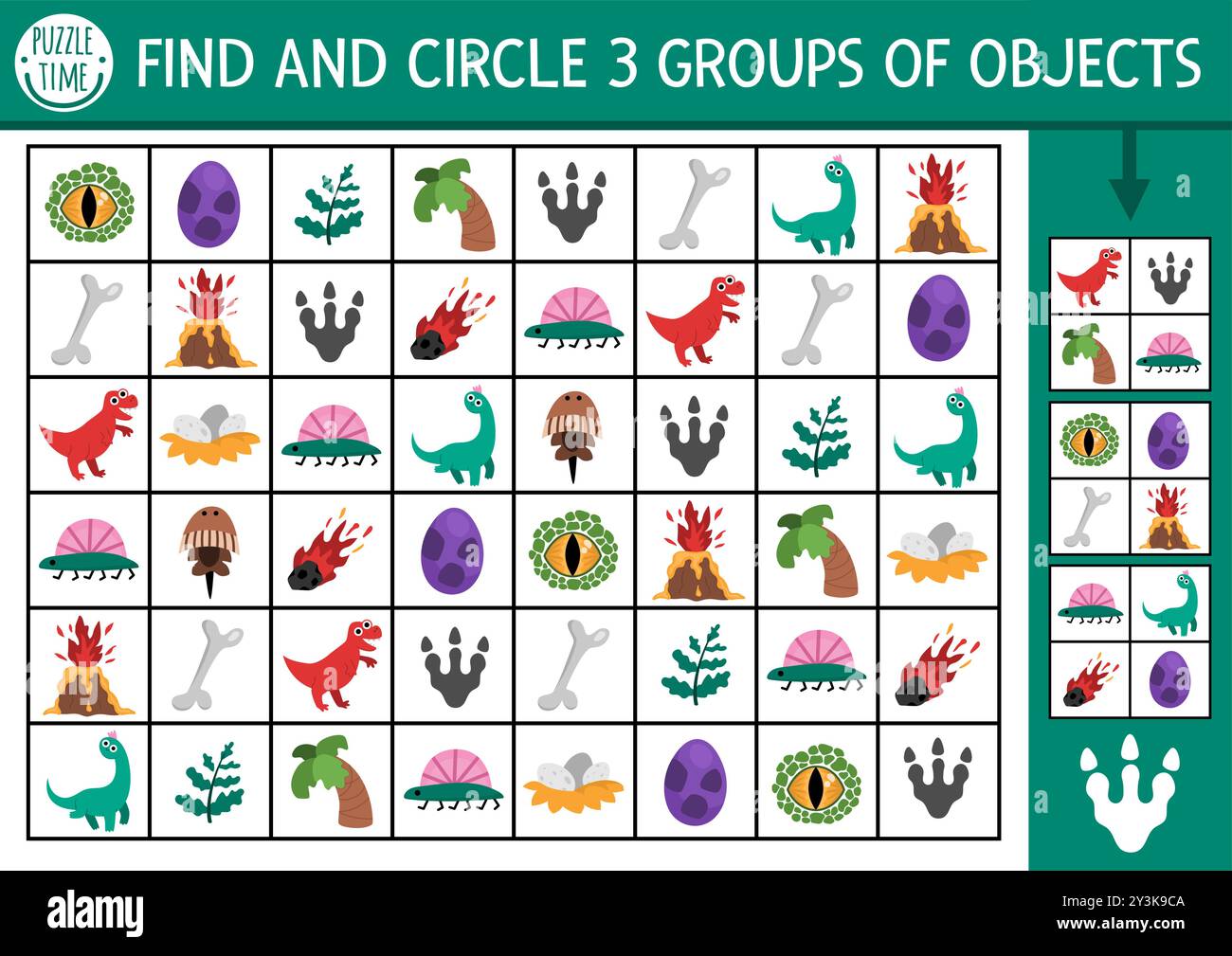 Dinosaurier suchen und finden Spiel mit traditionellen Symbolen. Puzzle mit T-rex, Nest, Knochen, Vulkan. Prähistorische druckbare Aktivität für Kinder Stock Vektor
