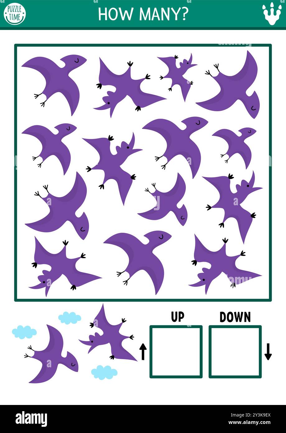 Dinosaurier-Logikspiel mit auf- und Abwärtskonzept für Kinder. Ich spioniere auf der Suche nach, zähle Aktivitäten mit alten Tieren. Prähistorische Ausrichtung des druckbaren Raumes Stock Vektor
