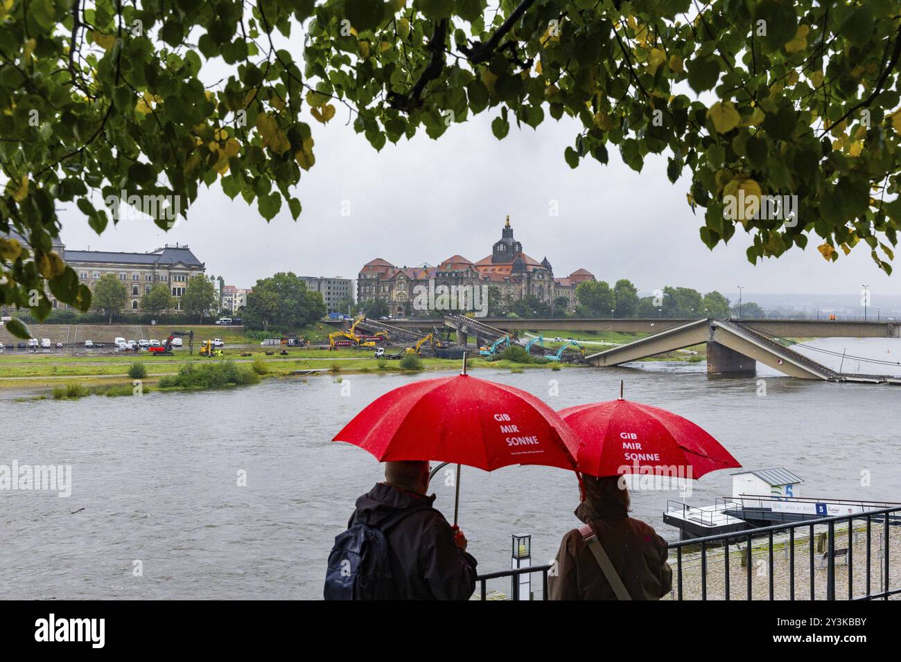 In den frühen Morgenstunden stürzte ein Abschnitt der Carola-Brücke aus unbekannten Gründen ein. Auf einer Länge von rund 100 Metern ist der Abschnitt auf wh Stockfoto