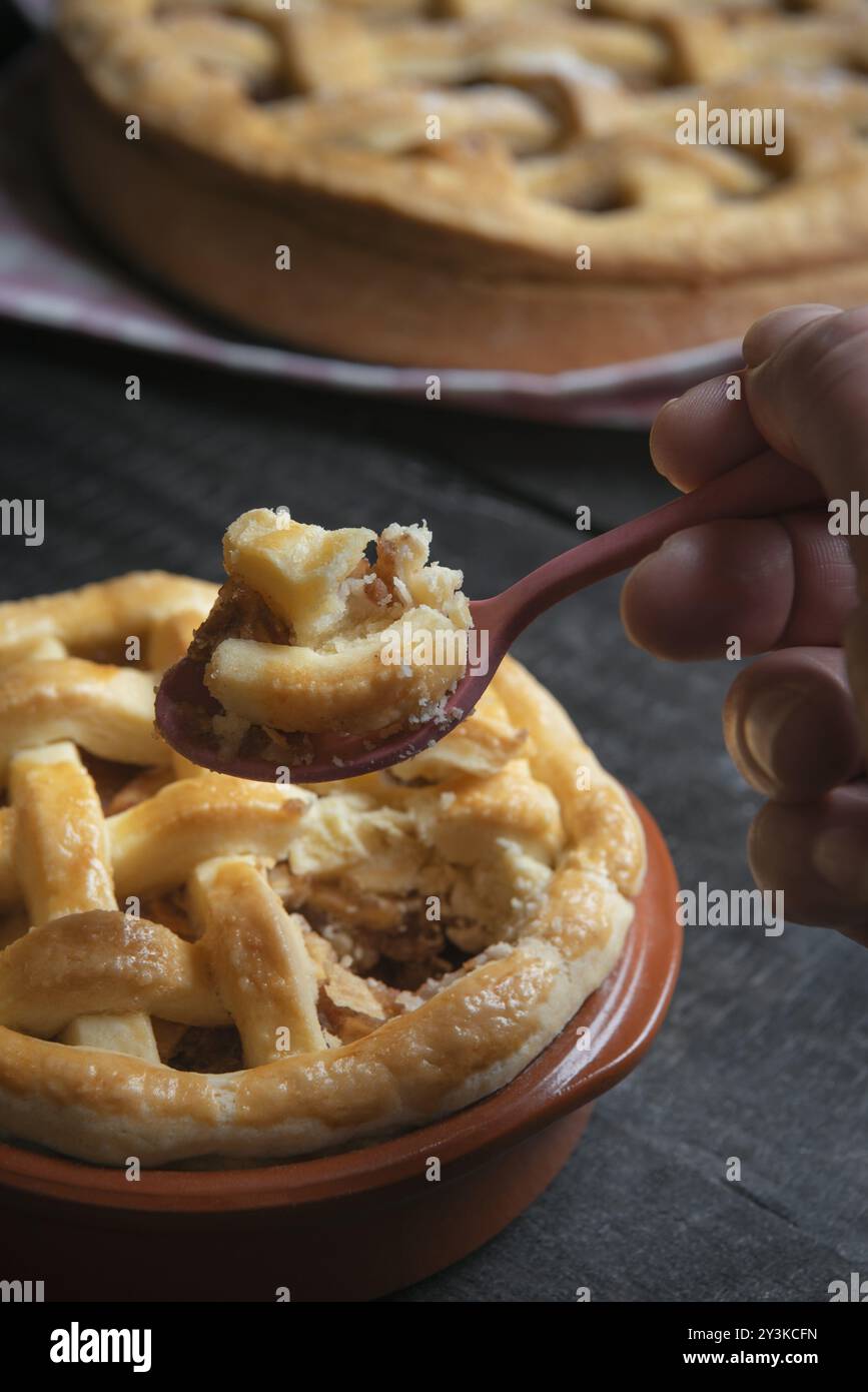 Frau Hand hält einen Löffel mit einem Stück Apfelkuchen. Kontexte des Essens von Süßspeisen. Traditioneller Feiertagskuchen. Genießen Sie süße Leckereien Stockfoto