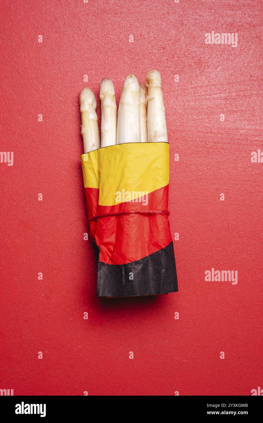 Deutscher weißer Spargel, der in einer Papierserviette gebunden ist. Oben mit einem Bündel Bio-Spargel Stockfoto