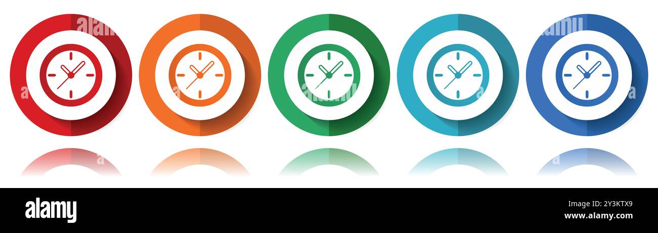 Uhrzeit, Uhr, Uhrenvektorsymbole, flaches Symbolset für Logo-Design, Webdesign und mobile Anwendungen, farbenfrohe Webbutton-Kollektion in eps 10 Stock Vektor
