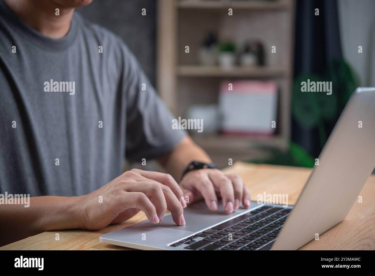 Mann tippt auf einem Laptop, arbeitet von zu Hause aus. Konzentrieren Sie sich auf Produktivität und moderne Technologie. Home Office-Einrichtung, professionelle Umgebung. Fernarbeit, digital c Stockfoto