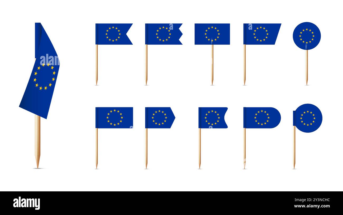 Europäische Zahnstocher-Flaggen. Souvenir der EU-Flagge, Zahnstocher aus Holz mit EU-Flagge aus Papier. Europa-Zeichen-Vektorsatz. Stock Vektor