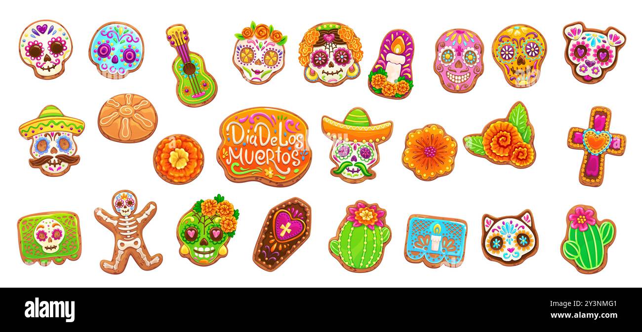 Mexikanischer Dead Day Keks und Kuchen, DIA de los muertos Weihnachtsgebäck mit buntem Zuckerschädel, Ringelblume, Kerze, Gitarre und Sarg, Kreuz, papel Picado, Katzen- und Hundefarben Stock Vektor