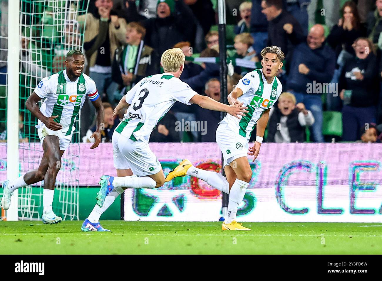 Groningen, Niederlande. September 2024. GRONINGEN, NIEDERLANDE – 14. SEPTEMBER: Brynjólfur Willumsson vom FC Groningen feiert, nachdem er beim niederländischen Eredivisie-Spiel zwischen dem FC Groningen und Feyenoord am 14. September 2024 in Euroborg das zweite Tor erzielte. (Foto: Pieter van der Woude/Orange Pictures) Credit: Orange Pics BV/Alamy Live News Stockfoto