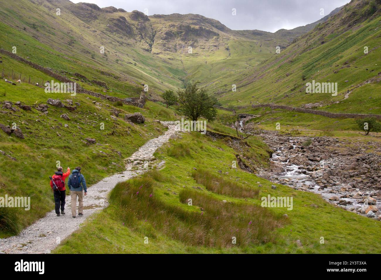 Borrowdale, Stockley Bridge, Walkers on Path, Grains Gill, Seathwaite, Buttermere, Lake District, Cumbria, England Stockfoto