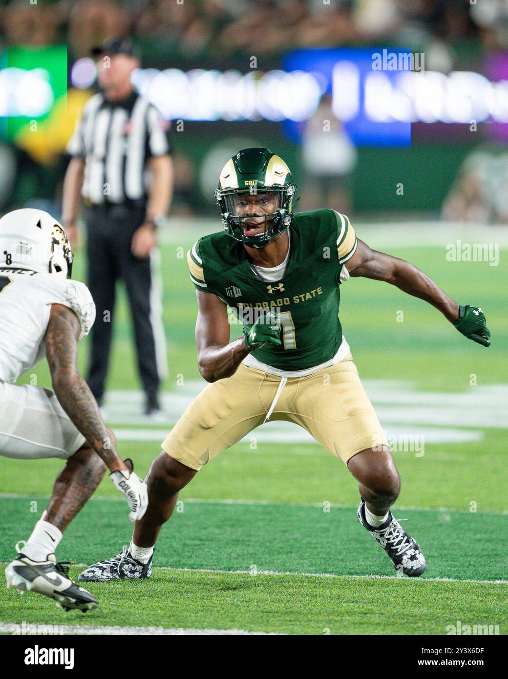 Fort Collins, CO, USA. September 2024. Armani Winfield (1) führt eine Route in der 2. Hälfte des Fußballspiels zwischen Colorado und Colorado State in Fort Collins, CO. Derek Regensburger/CSM/Alamy Live News Stockfoto