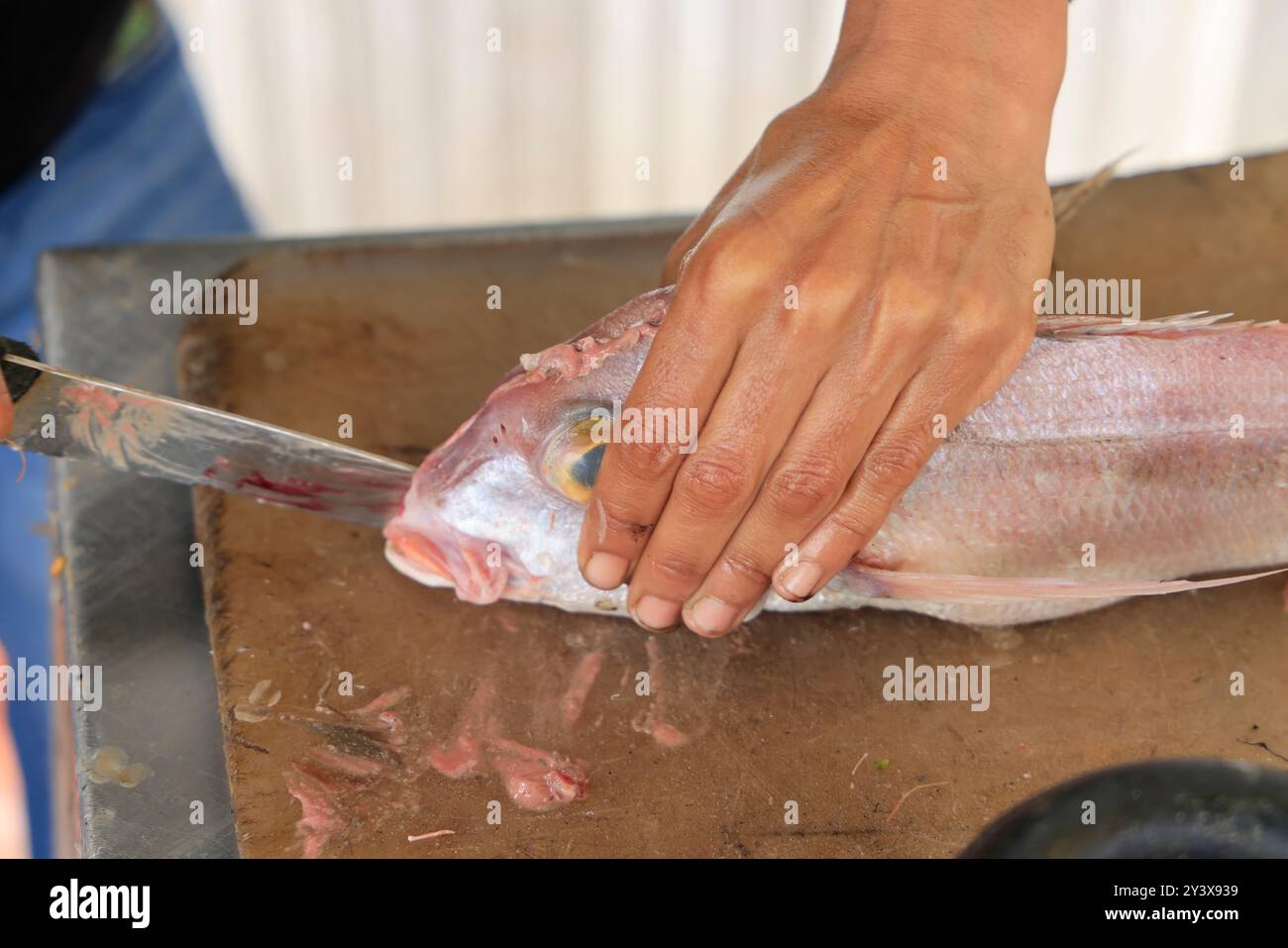 Das Restaurant serviert frischen gegrillten Fisch aus dem Atlantik in Essaouira, Marokko. Essaouira, Provinz Essaouira, Region Marrakesch-Safi, Atlant Stockfoto