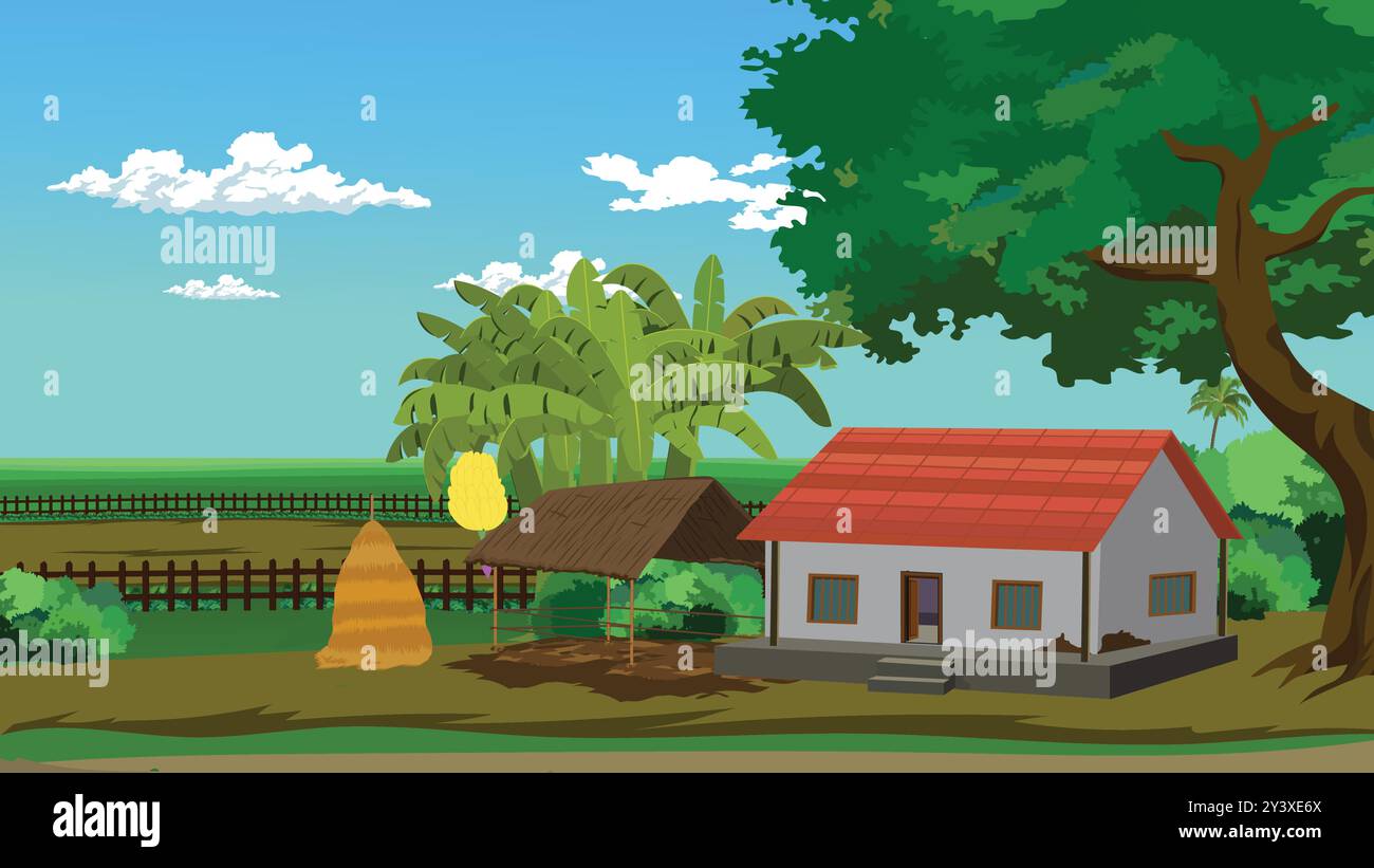 Ein Haus mit rotem Dach steht vor einem Bananenfeld. Das Haus ist von einem Zaun umgeben und es gibt einen Heu in der Nähe. Stock Vektor