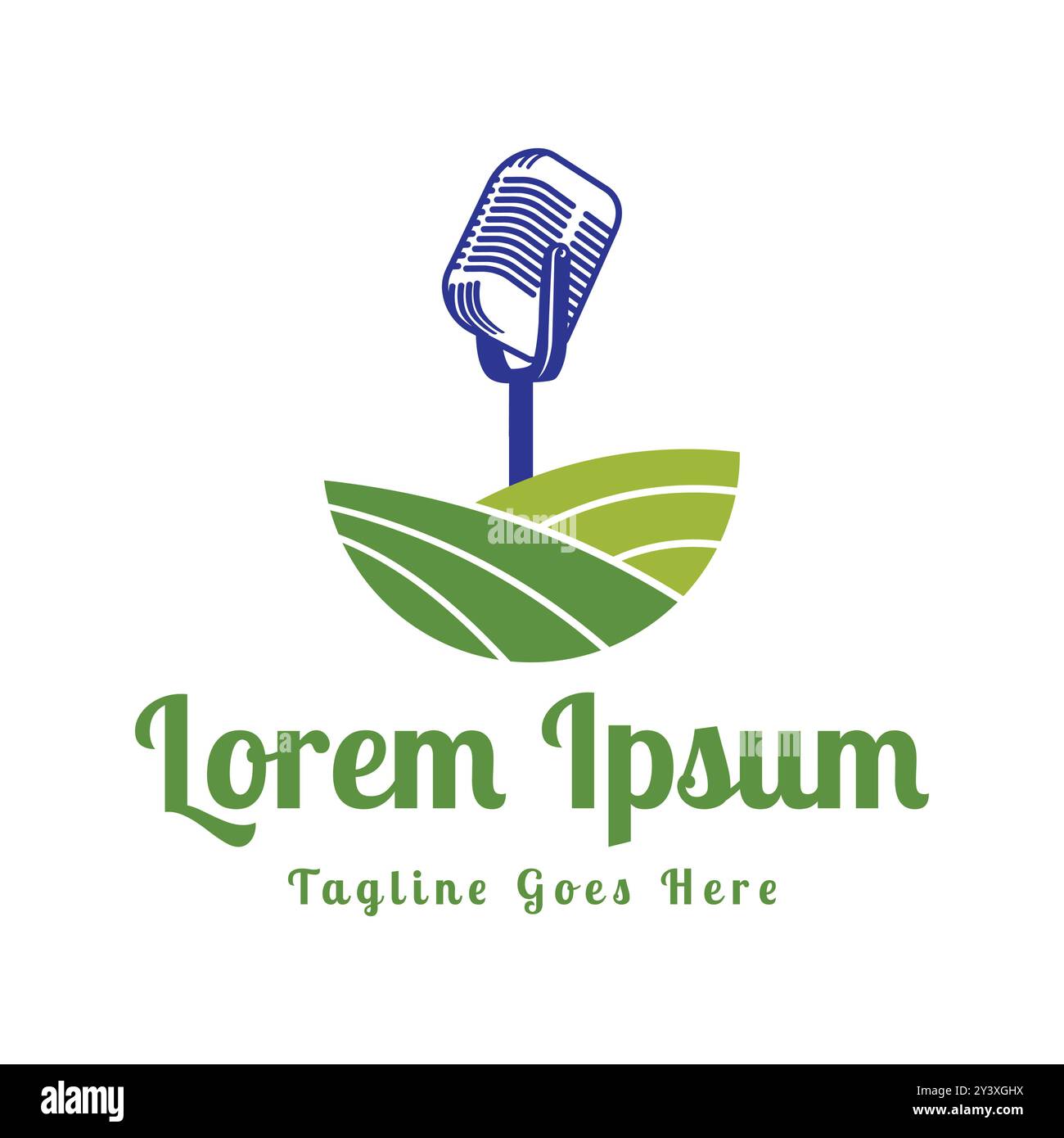 Einfache minimalistische Green Meadow Land Garden Farm mit Mikrofon Mikrofon Symbol für Podcast Radio Broadcast Entertainment Comedian oder singen Illustration Desig Stock Vektor