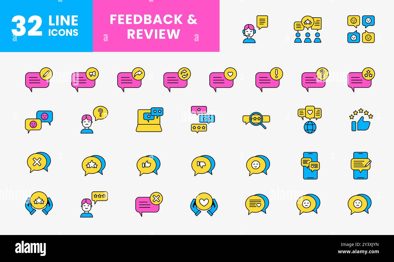 Flaches Symbol setzt Feedback und Rezension, Bewertungssterne, Kunden- und Kundenservice oder Support. Big Bundle Icon Pack. Bearbeitbare Datei Stock Vektor