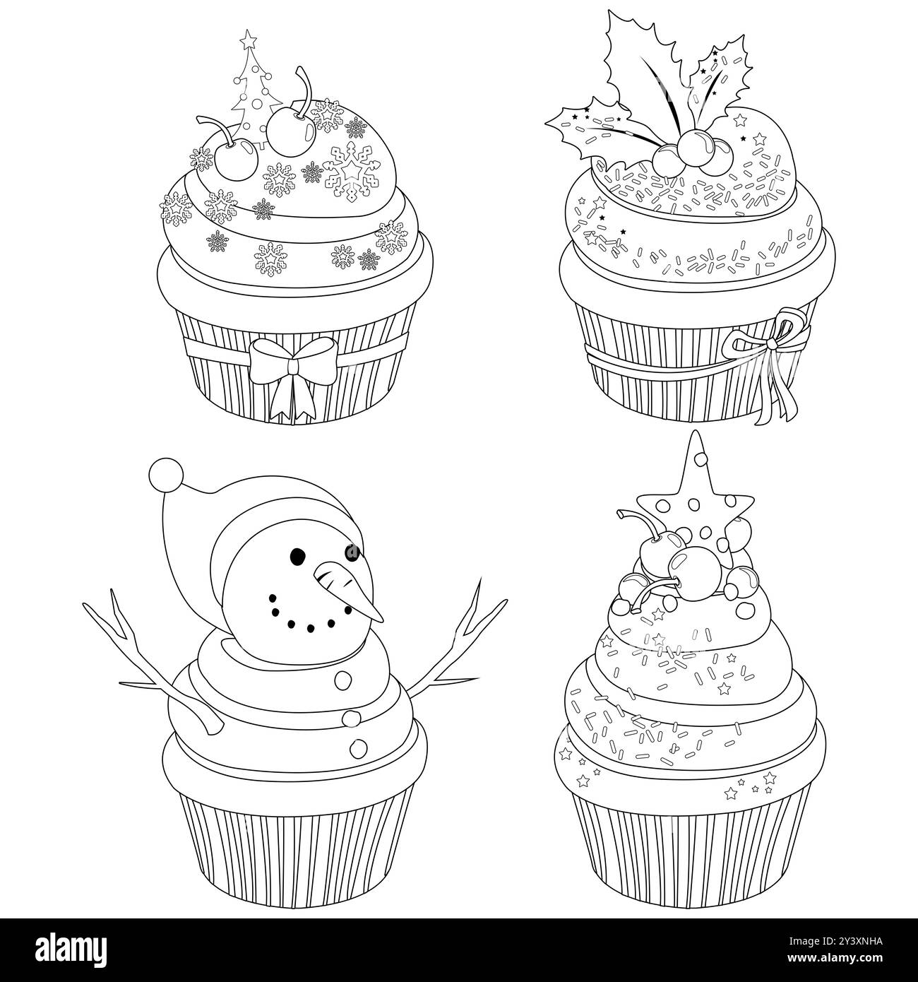 Weihnachts-Cupcakes-Kollektion. Süße Weihnachtsbonbons dekorierte Bäckerei süße Kekse und Kuchen Set. Schwarzweiß-Ausmalseite. Stockfoto