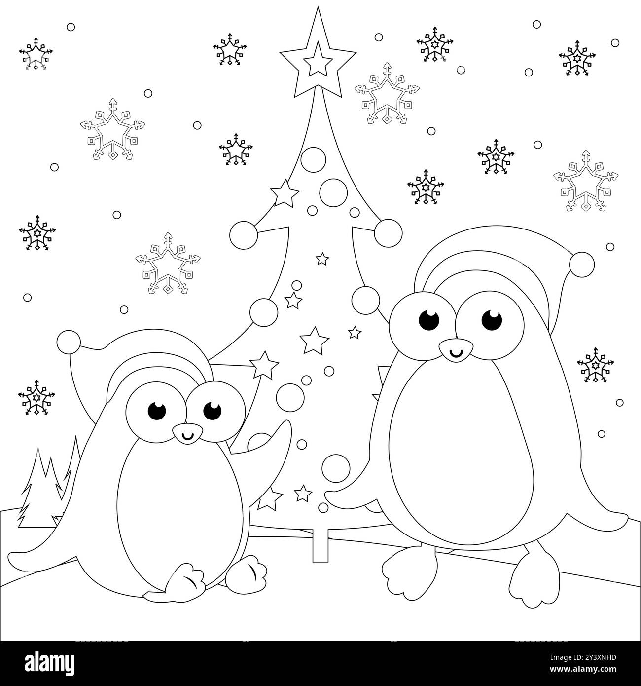 Weihnachten Winterlandschaft mit Pinguinen und Weihnachtsbaum. Weihnachtspinguinvögel mit Weihnachtsmann-Hüten im Schnee. Schwarzweiß-Ausmalseite. Stockfoto