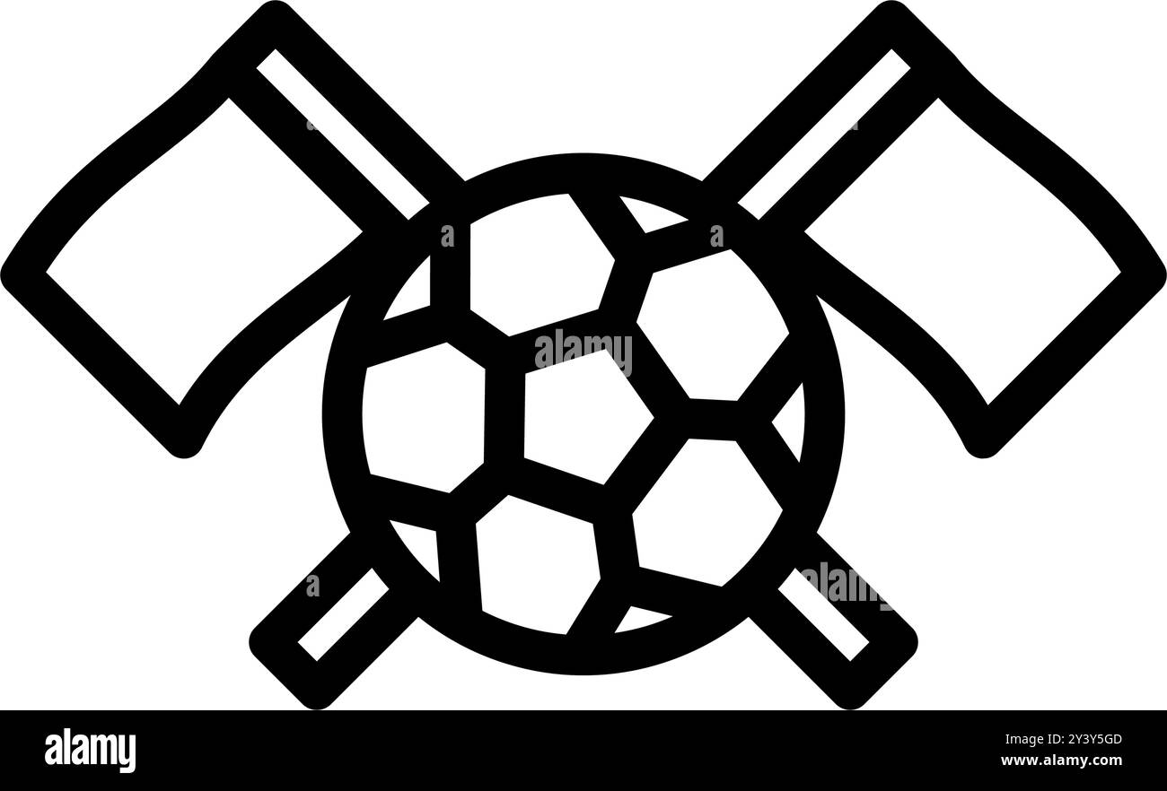 Icon Line Fußball mit gekreuzter Flagge. Fußball, Sport, Strategie. Bearbeitbare Datei Stock Vektor