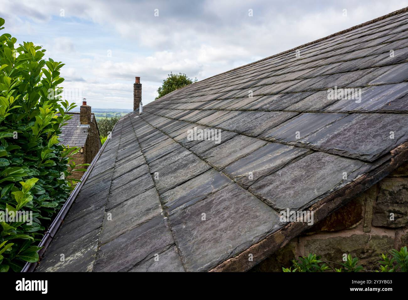 Nahaufnahme eines grauen Schieferdachs mit üppigem Grün im Hintergrund. Stockfoto