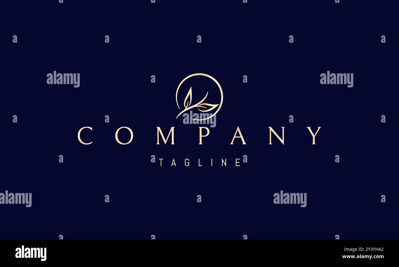 Goldenes Vektor-Logo mit einem abstrakten Bild eines Zweiges mit zwei Blättern vor dem Hintergrund der Sonne. Stock Vektor Goldenes Vektor-Logo mit einem abstrakten Bild eines Zweiges mit zwei Blättern vor dem Hintergrund der Sonne. Stock Vektor