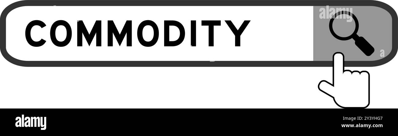 Suchbanner im Wort „Commodity“ mit Symbol für die Übergabelupe auf weißem Hintergrund Stock Vektor