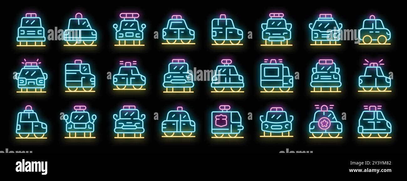 Dieses Set von Neonsymbolen zeigt verschiedene Polizeiautos, die Strafverfolgungs- und Sicherheitskräfte darstellen Stock Vektor