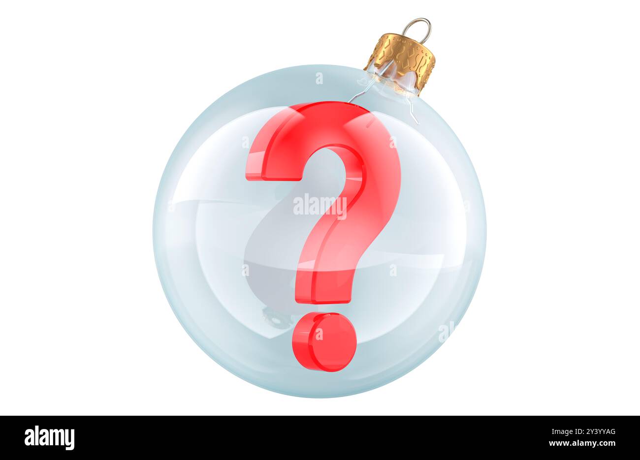 Fragezeichen in der transparenten Weihnachtskugel, 3D-Rendering isoliert auf weißem Hintergrund Stockfoto