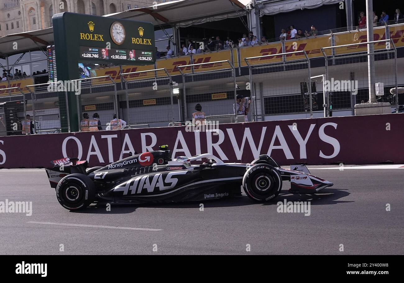 Baku, Aserbaidschan. September 2024. Motorsport: Formel-1-Weltmeisterschaft, großer Preis von Aserbaidschan, Rennen: Nico Hülkenberg aus Deutschland vom MoneyGram Haas Team in Aktion. McLaren Pilot Piastri aus Australien gewann das Rennen. Quelle: Hasan Bratic/dpa/Alamy Live News Stockfoto