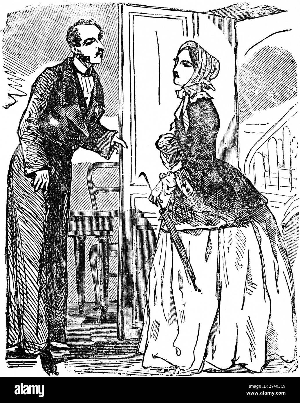 Die junge Frau verlangt, den Herrn des Hauses zu sehen, der Diener öffnet die Tür mit einem kritischen Blick, Möbel, Schirm, Hut, langer Rock, Jacke, Treppe Stockfoto