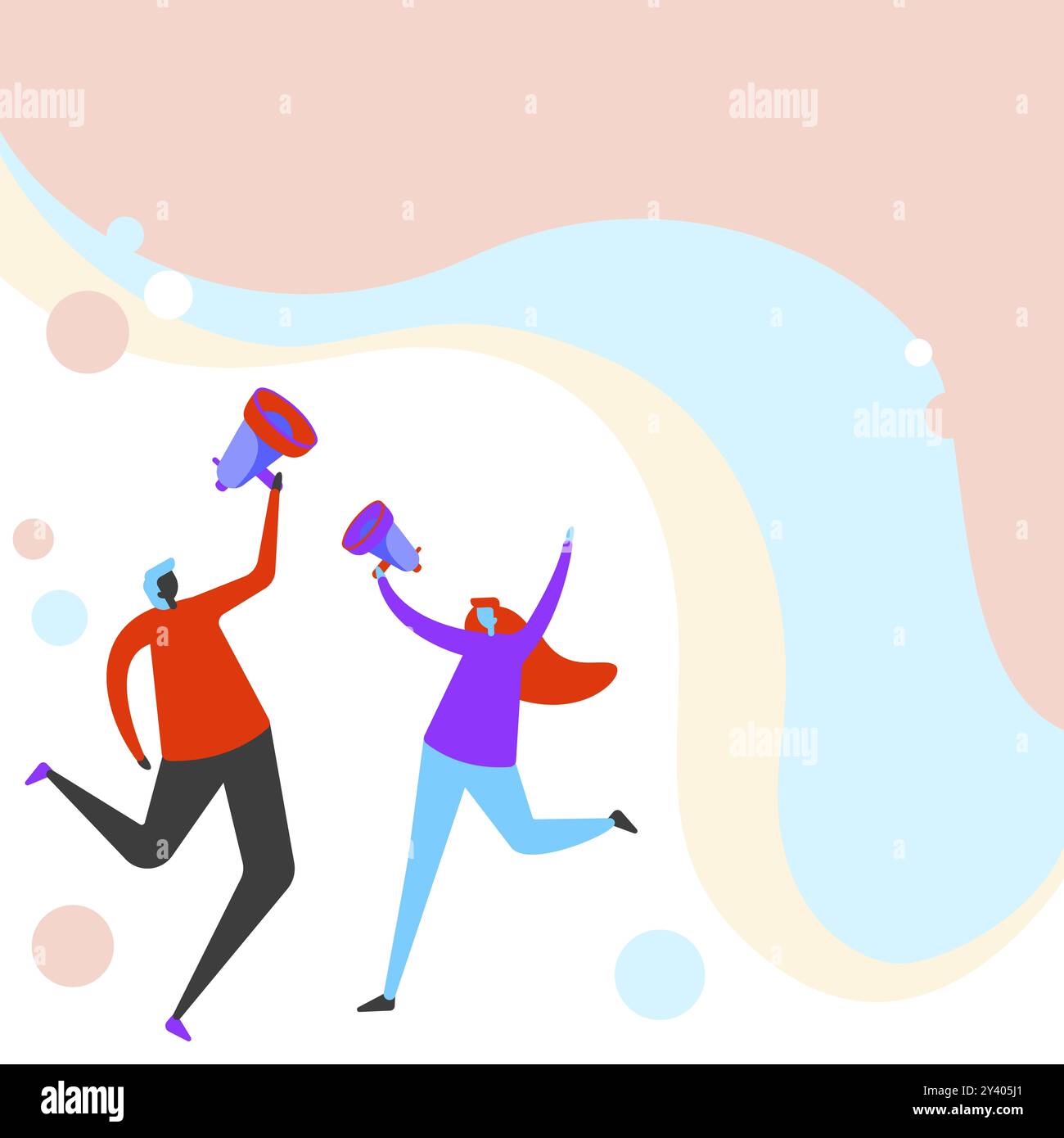 Illustration: Partner Springen Herum Und Teilen Ihre Gedanken Mit Megaphone Stockfoto